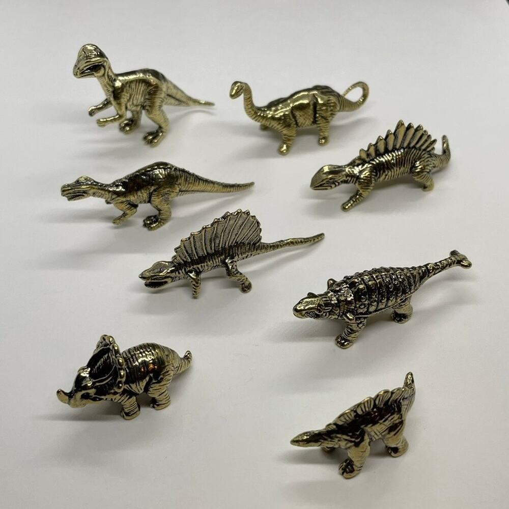 8 Piece Vintage Style Brass Jurassic Dinosaur Figurines, Tea Pet, Statue, Decor